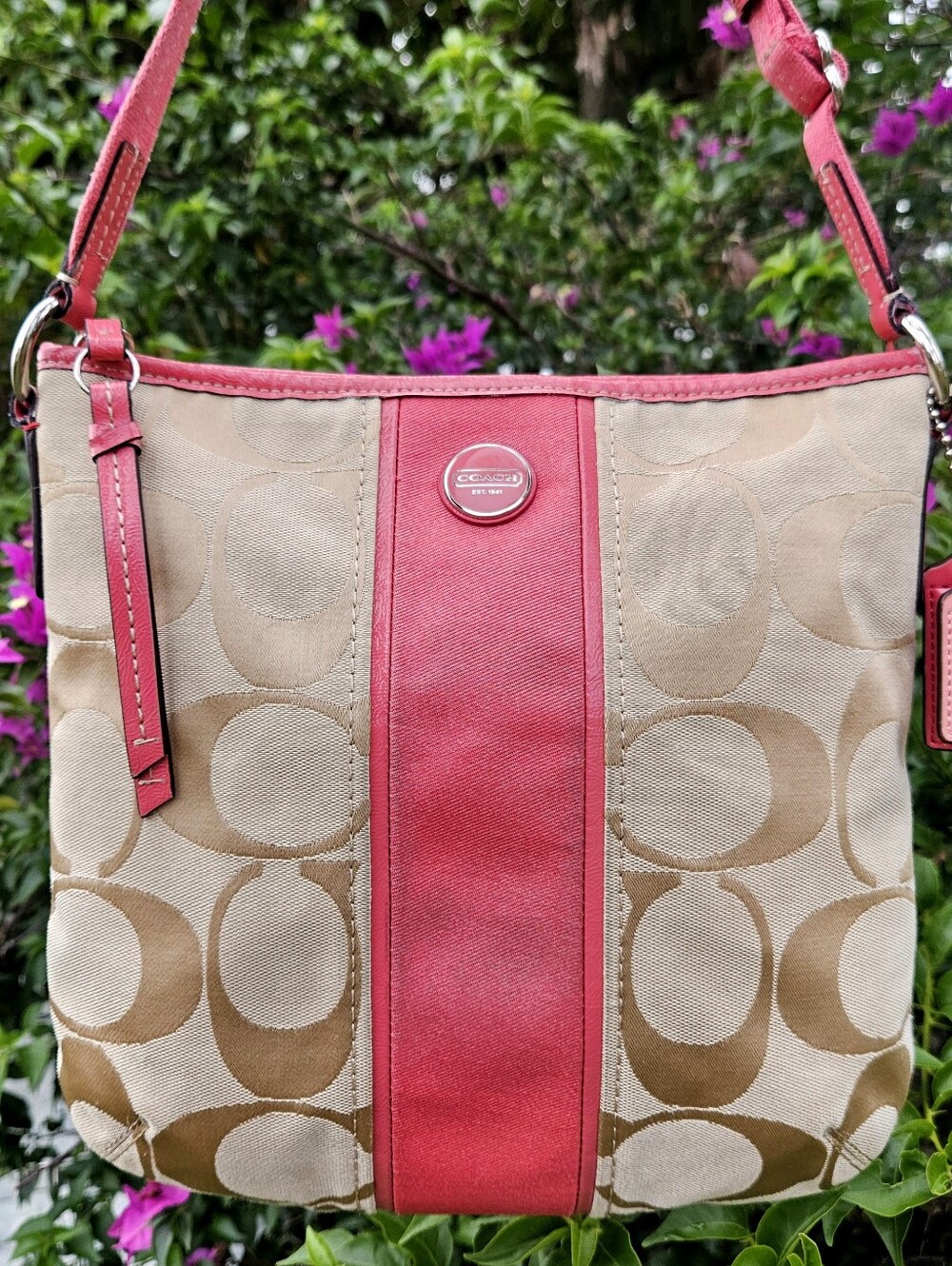Coach F21905 Light Khaki Pink Stripe Signature Convertible Crossbody Hangtags